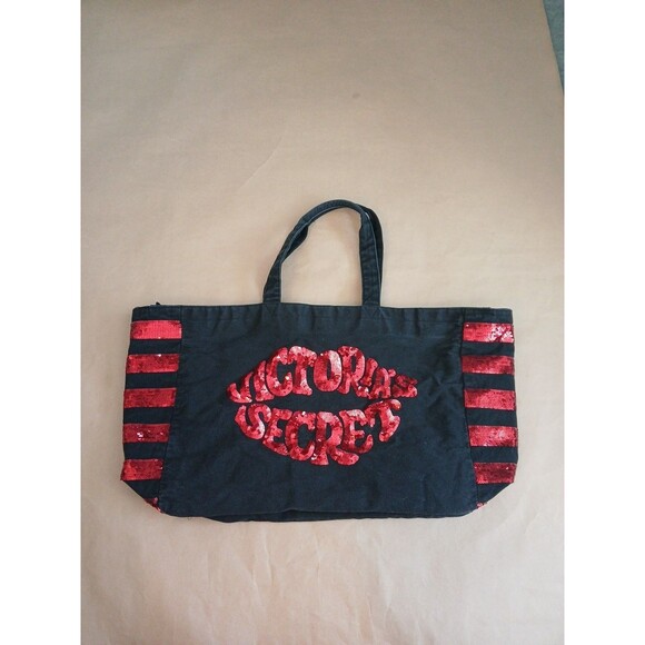 Victoria's Secret Women's Canvas Tote Bag Black With Red Sequins Lips - Picture 1 of 6